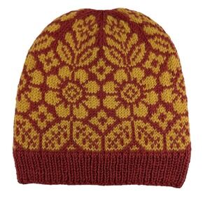 Nordic Alpine Bloom Hand Knit Wool Hat Red Gold Floral Slouch Beanie